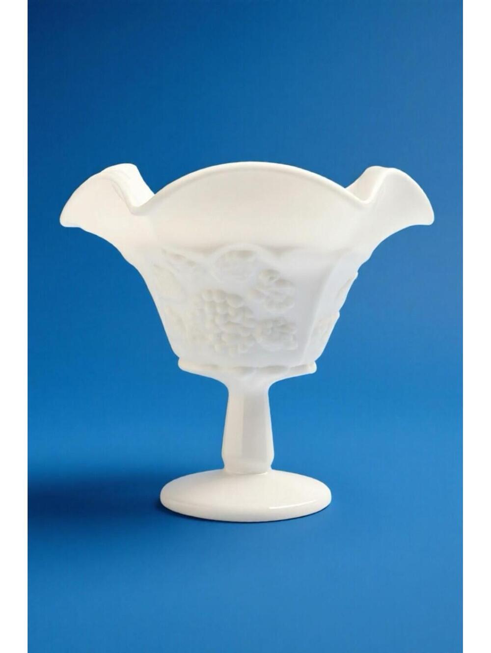 Westmoreland milk glass paneled grape pedestal compote with ruffled rim.